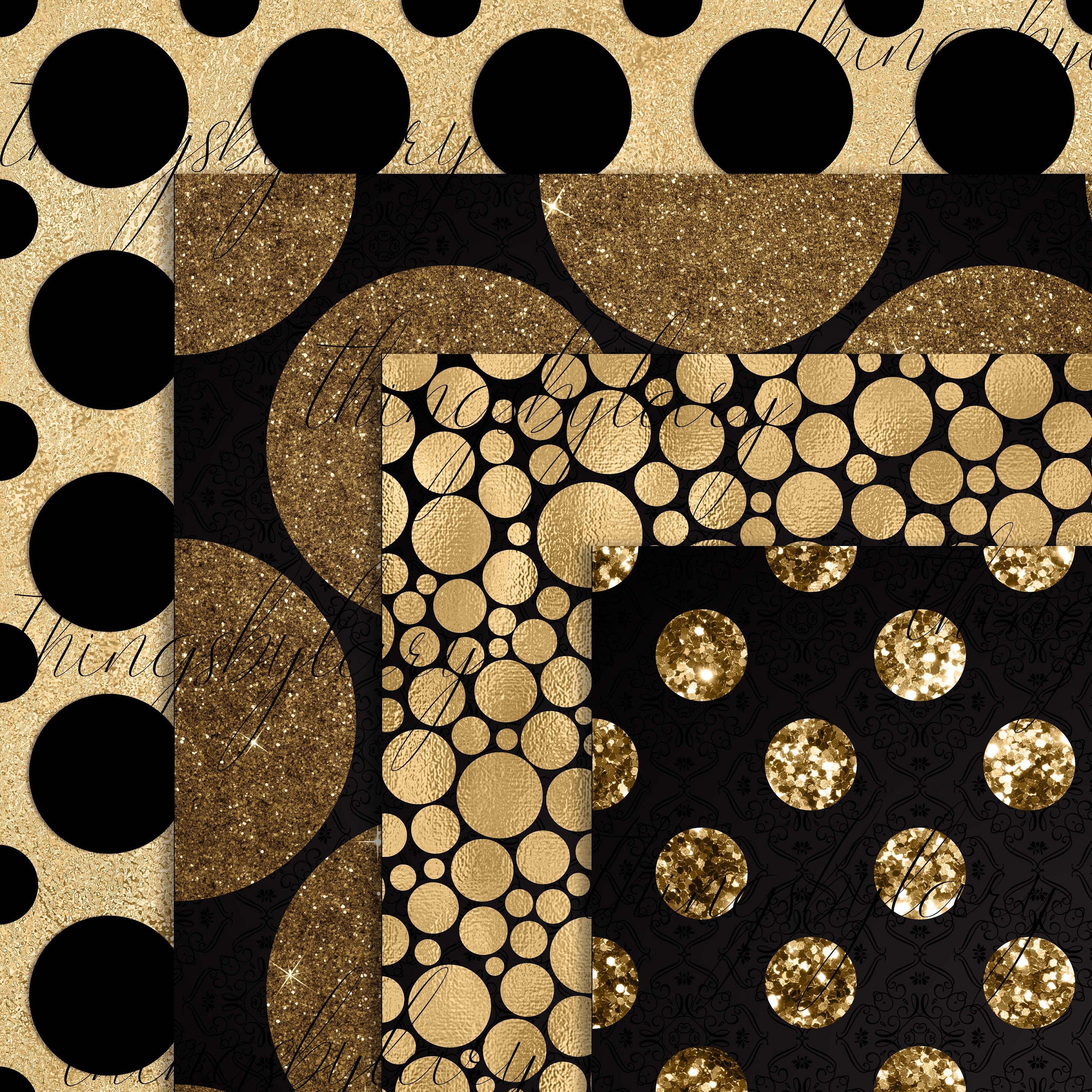 16 luxury black and gold polka dot digital papers, commercial use, luxury scrapbook paper, polka dot, foil, glitter, black, small polka dot