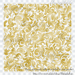 42 Gold Foil Seamless Damask Ornament Overlays 12inch Transparent PNG Instant Download Commercial Use, Gold foil printing damask seamless