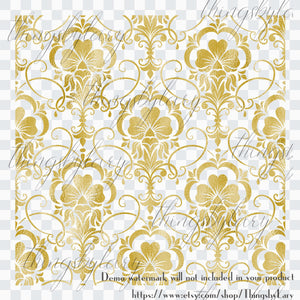 42 Gold Foil Seamless Damask Ornament Overlays 12inch Transparent PNG Instant Download Commercial Use, Gold foil printing damask seamless