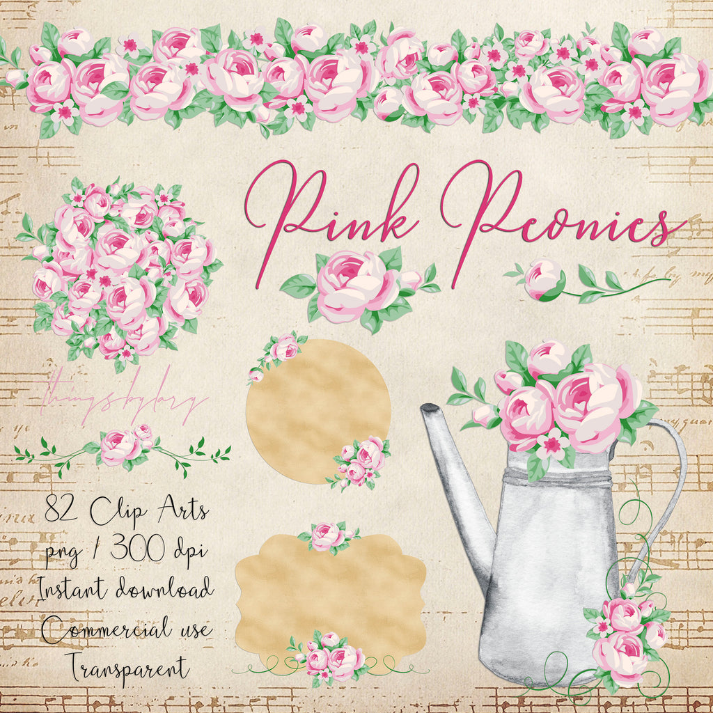 82 Romantic Pink Peonies Clip Art Set 300 Dpi Planner Paper Commercial Use Scrapbook Bridal Shower Shabby chic Peony Border Bouquet Garden