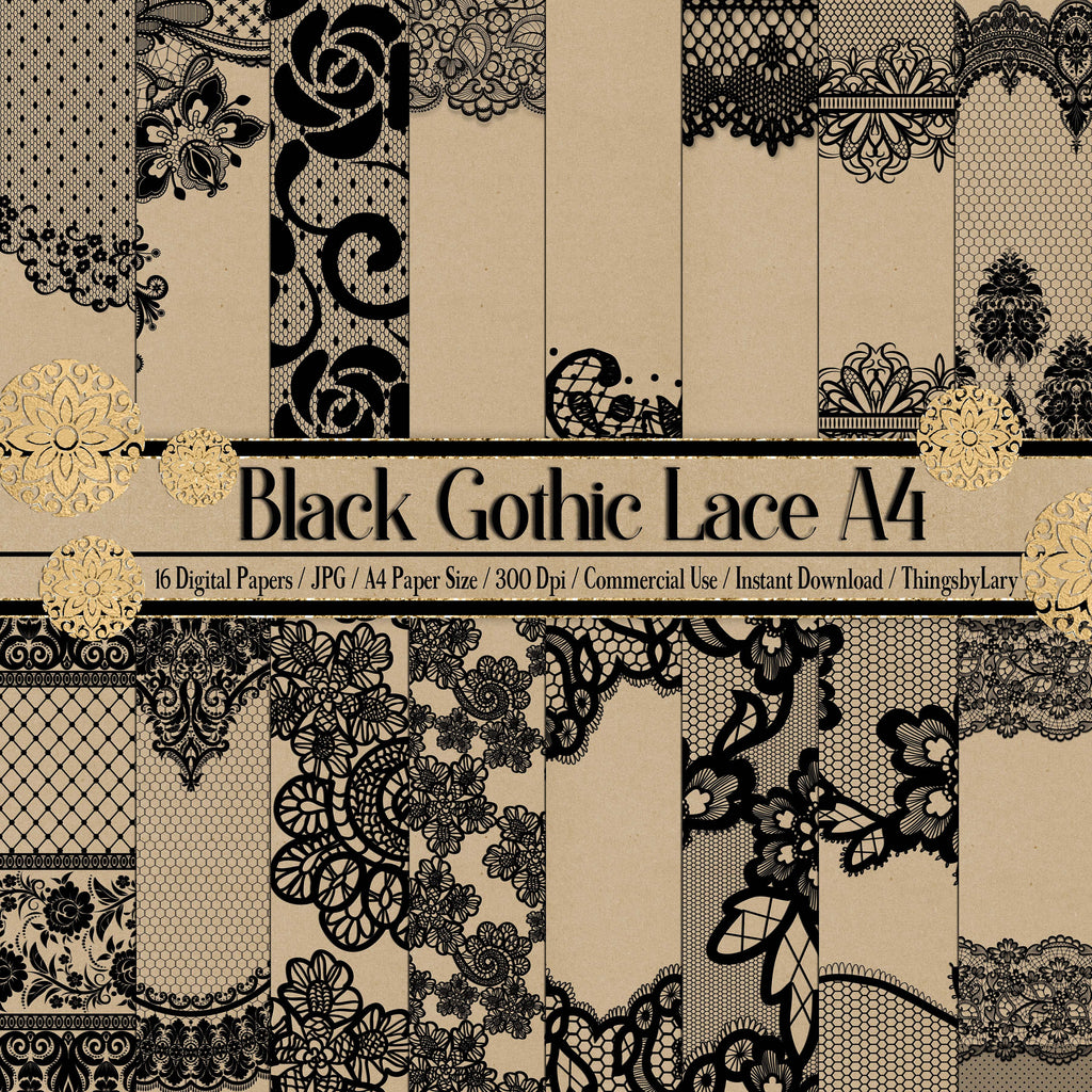 16 Black Gothic Lace Digital Papers A4 Size 300 dpi commercial use instant download, Gothic Lace Black Halloween Lace Scrapbooking Lace Kit