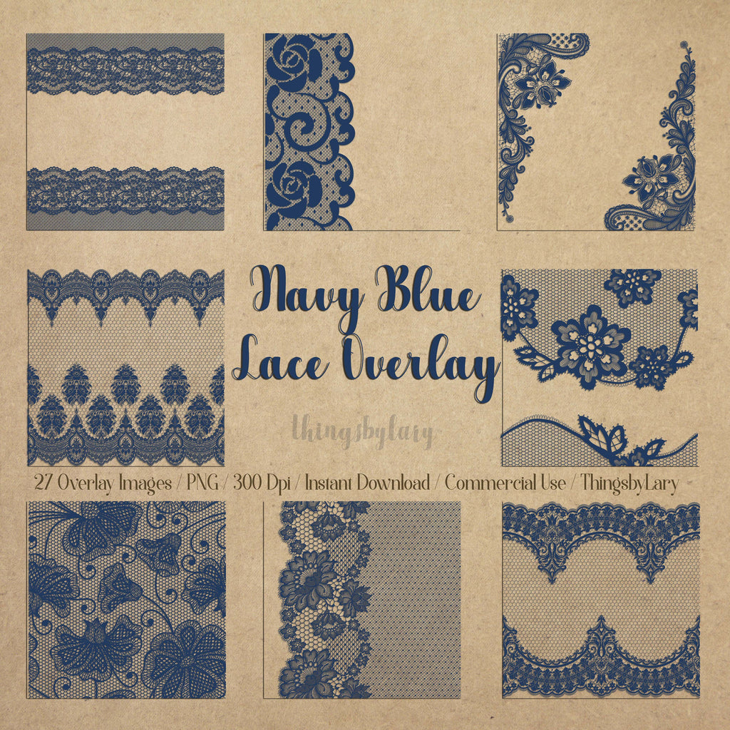 27 Navy Blue Lace Overlays Borders Frames Images PNG Transparent 300 Dpi Instant Download Commercial Use Shabby Chic Wedding Romantic Lacy