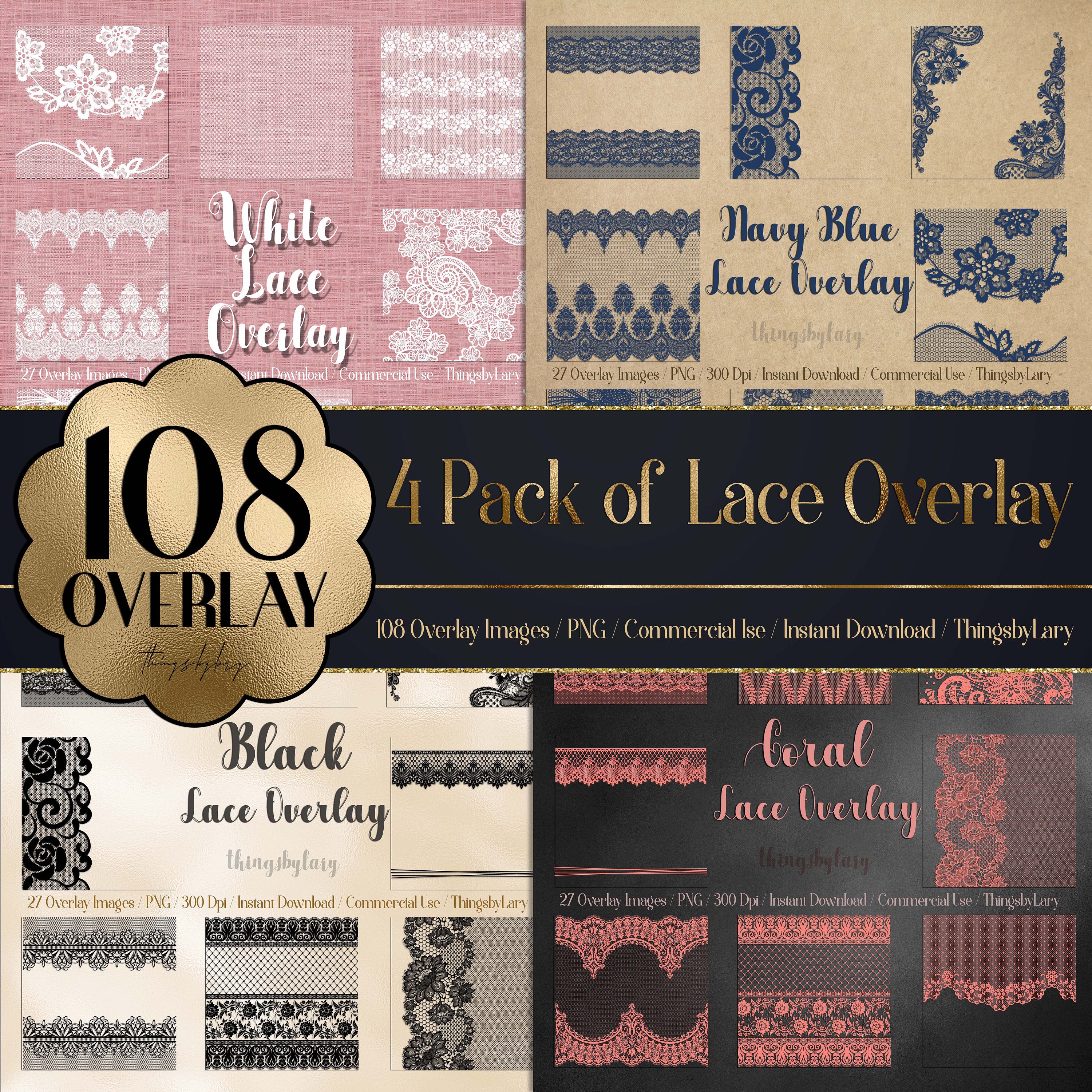 SALE OFF Pack of 4 sets 108 Lace Overlays Borders Frames Images PNG Transparent 300 Dpi Instant Download Commercial Use Black Widow Lacy Net