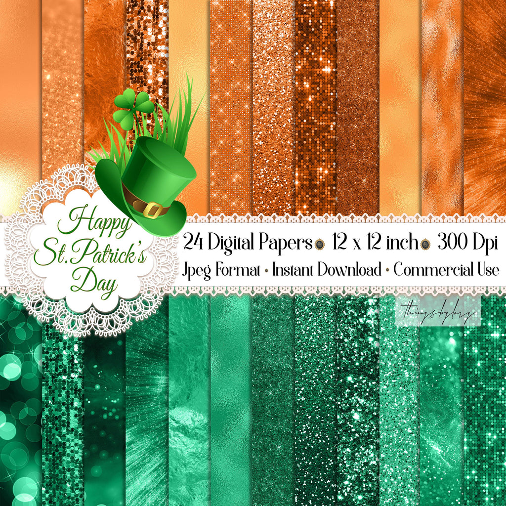 24 Luxury Saint Patrick&#39;s Day Digital Papers 12 x 12 inch 300 Dpi Planner Paper Commercial Use Scrapbook Paper Glitter Sequin Foil Metallic