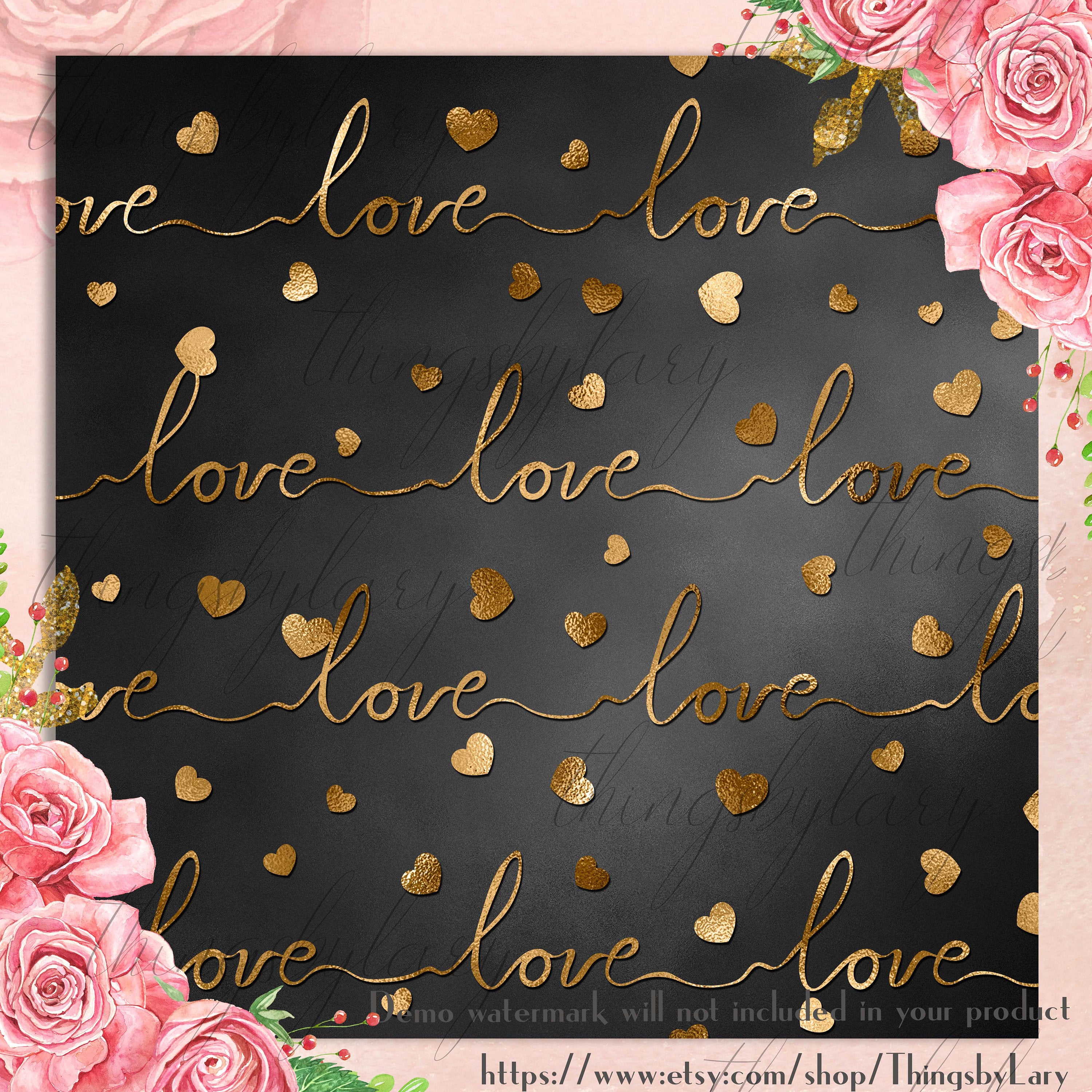 30 Black and Gold Valentine Heart Love Digital Papers 12 inch 300 Dpi Planner Paper Commercial Use Scrapbook Gold Foil Print Gold Love Print