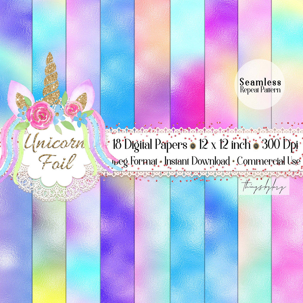 18 Seamless Fairy Tale Unicorn Foil Digital Papers 12x12&quot; 300 Dpi Planner Paper Scrapbook Printable Journal Card Making Foil Metallic