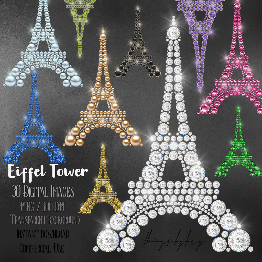 30 Diamond Pearl Gemstone Rhinestone Jewelry Paris Eiffel Tower Digital Images 300 Dpi PNG Instant Download Commercial Use Realistic Diamond