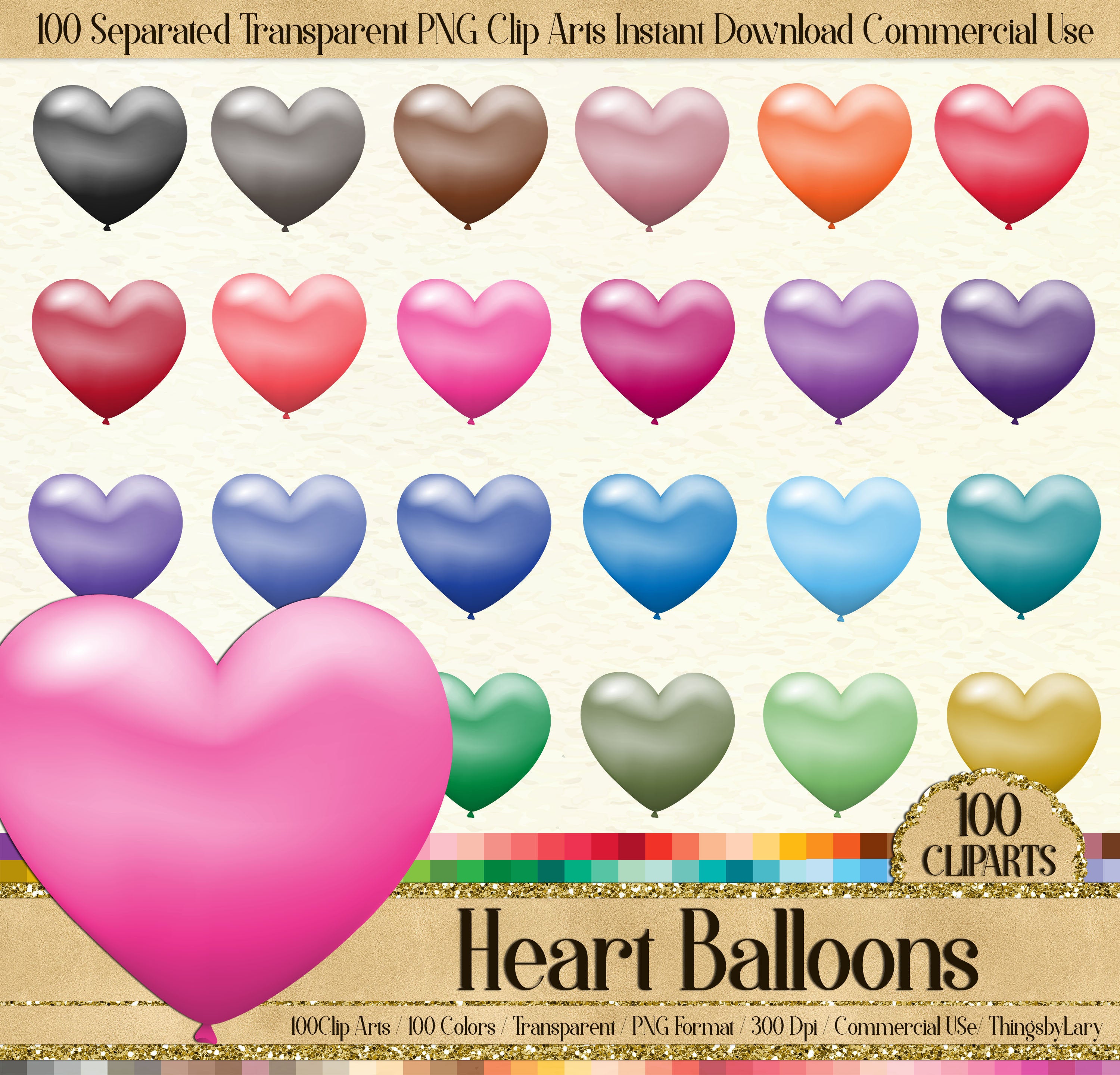 100 Gradient Heart Balloon Clip arts 300 Dpi Printable Planner Sticker Balloon Matte Balloon Birthday Valentine Baby Shower Balloon String