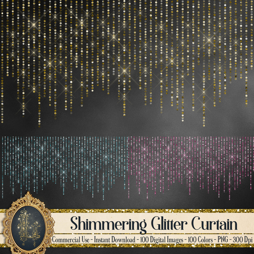 100 Shimmering Glitter Curtain Border Digital Images 300 Dpi PNG Planner Printable Commercial Use Wedding Christmas Party Valentine Overlay