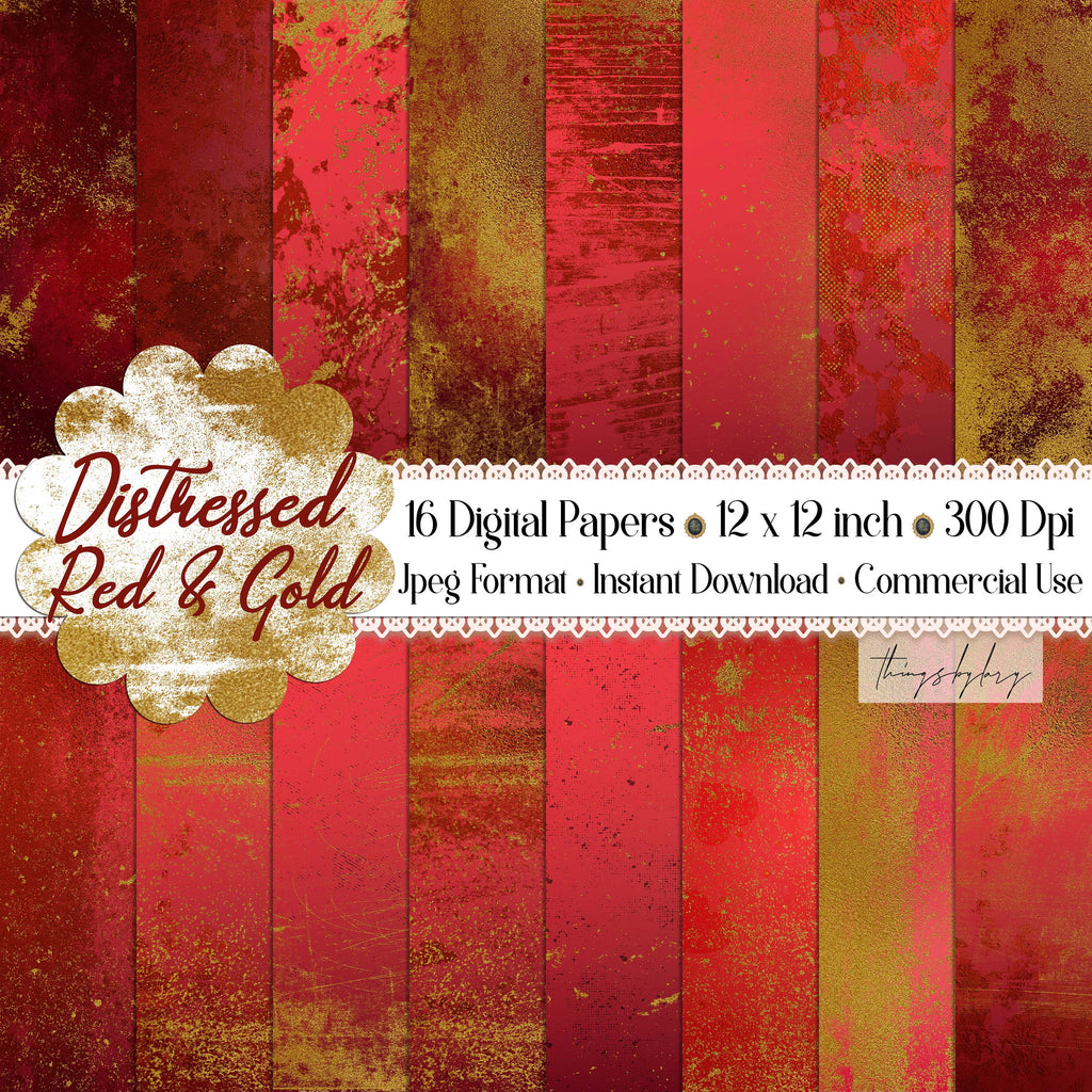 16 Distressed Red and Gold Digital Papers 12&quot; 300 Dpi Planner Paper Scrapbooking Ombre Digital Artistic Painted Antique Vintage Gold Grunge