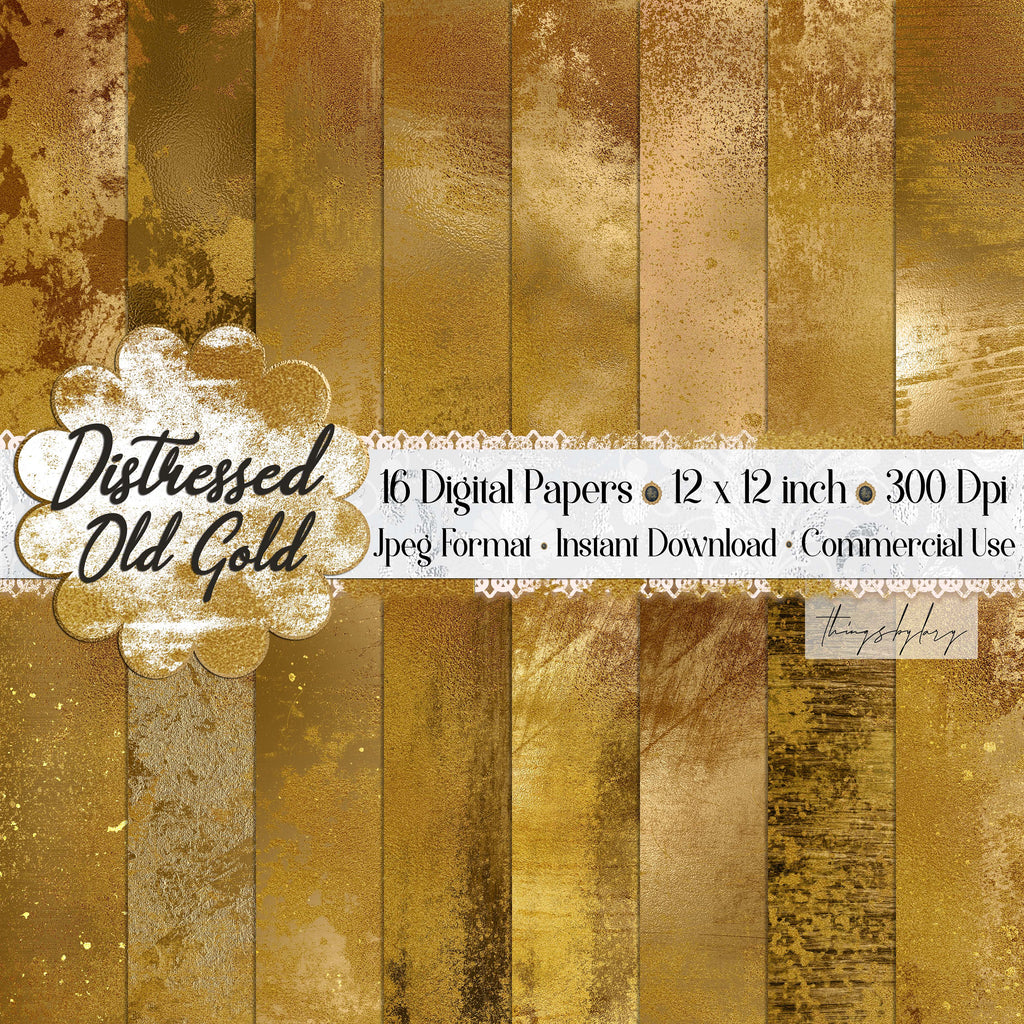 16 Distressed Antique Old Gold Digital Papers 12&quot; 300 Dpi Planner Paper Scrapbooking Digital Artistic Painted Antique Vintage Gold Grunge