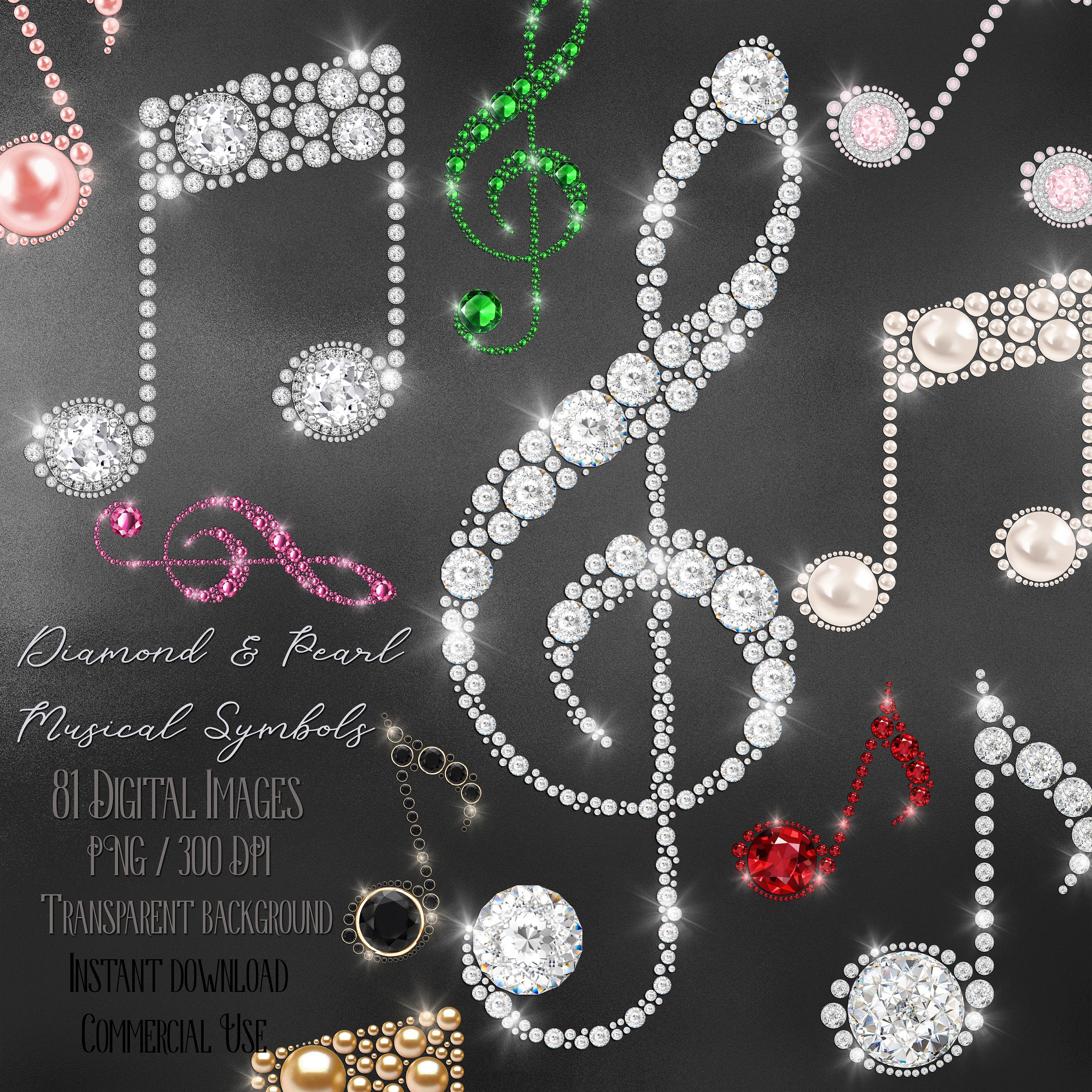81 Diamond and Pearl Musical Symbols Digital Images 300 Dpi PNG Instant Download Commercial Use Realistic Diamond Music Key Note Quaver