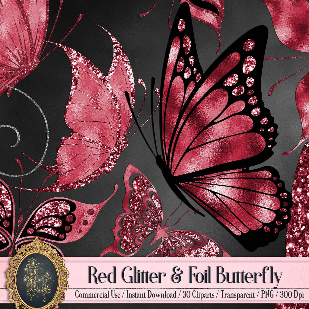 30 Red Ruby Foil and Glitter Butterfly Digital Images 300 Dpi Instant Download Commercial Use Metallic Wedding Card Making Flying Butterfly