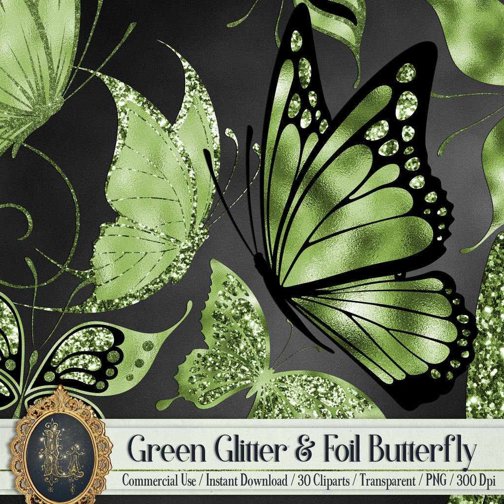 30 Greenery Foil and Glitter Butterfly Digital Images 300 Dpi Instant Download Commercial Use Metallic Wedding Card Making Flying Butterfly