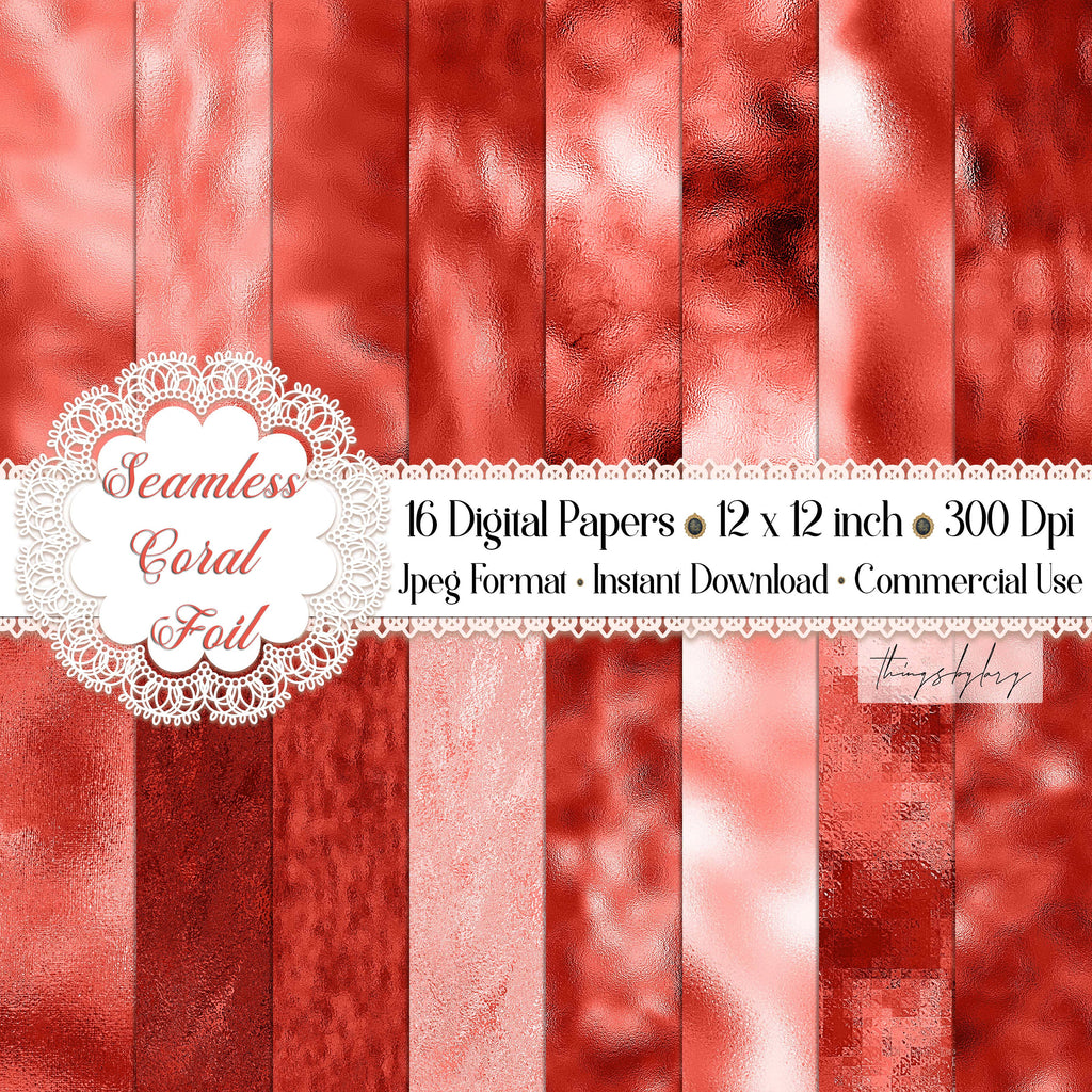 16 Seamless Living Coral Foil Digital Papers 12&quot; 300 dpi commercial use instant download seamless foil printable coral metallic foil luxury