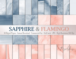 30 Ombre Sapphire & Flamingo Watercolor Digital Papers 12x12 inch 300 Dpi Instant Download Commercial Use Pastel Wedding Watercolor Paint
