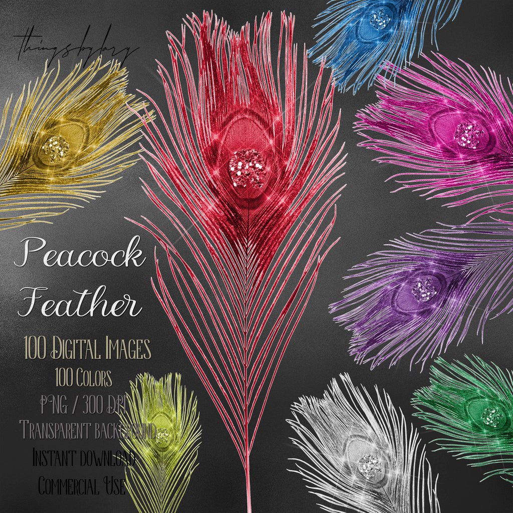 100 Glitter Antique Peacock Feather Clip arts 300 Dpi PNG Planner Clip arts Commercial Use Wedding Valentine Anniversary Fashion Royal