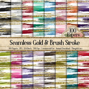 100 Seamless Gold Glitter and Brush Stroke Digital Papers 12x12&quot; 300 Dpi Planner Paper Scrapbook Printable Journal Paper Card Making Paint