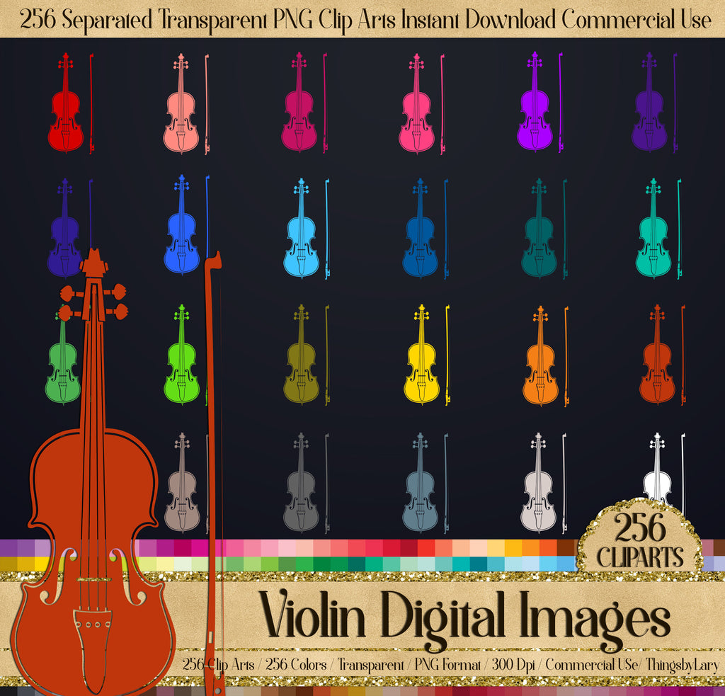 256 Solid Color Violin Digital Images Clip Arts 300 Dpi PNG Instant Download Commercial Use Planner Clip art Baby Shower Kid Scrapbook Music