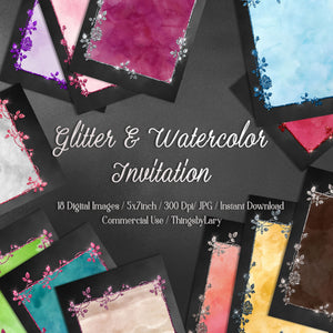 18 Glitter and Watercolor Leaf Branch Floral Frame Invitation 5x7&quot; 300 Dpi Planner Paper Commercial Use Watercolor and Glitter Announcement