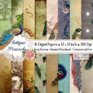 16 Antique Gorgeous Peacock Digital Papers 12&quot; 300 dpi commercial use instant download Chinese peacock vintage ephemera Printable Journal