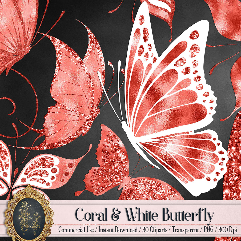 30 Living Coral Foil Glitter Butterfly Digital Images 300 Dpi Instant Download Commercial Use Metallic Wedding Card Making Flying Butterfly