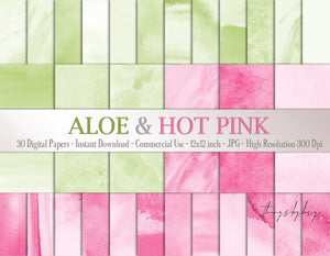 30 Ombre Aloe & Hot Pink Watercolor Digital Papers 12x12 inch 300 Dpi Instant Download Commercial Use Spring Pastel Watercolor Digital Paper