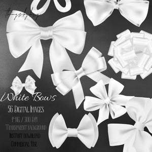 56 White Satin Bows and Ribbons Digital Images 300 Dpi PNG Transparent Instant Download Commercial Use Bridal Shower Wedding Card Making