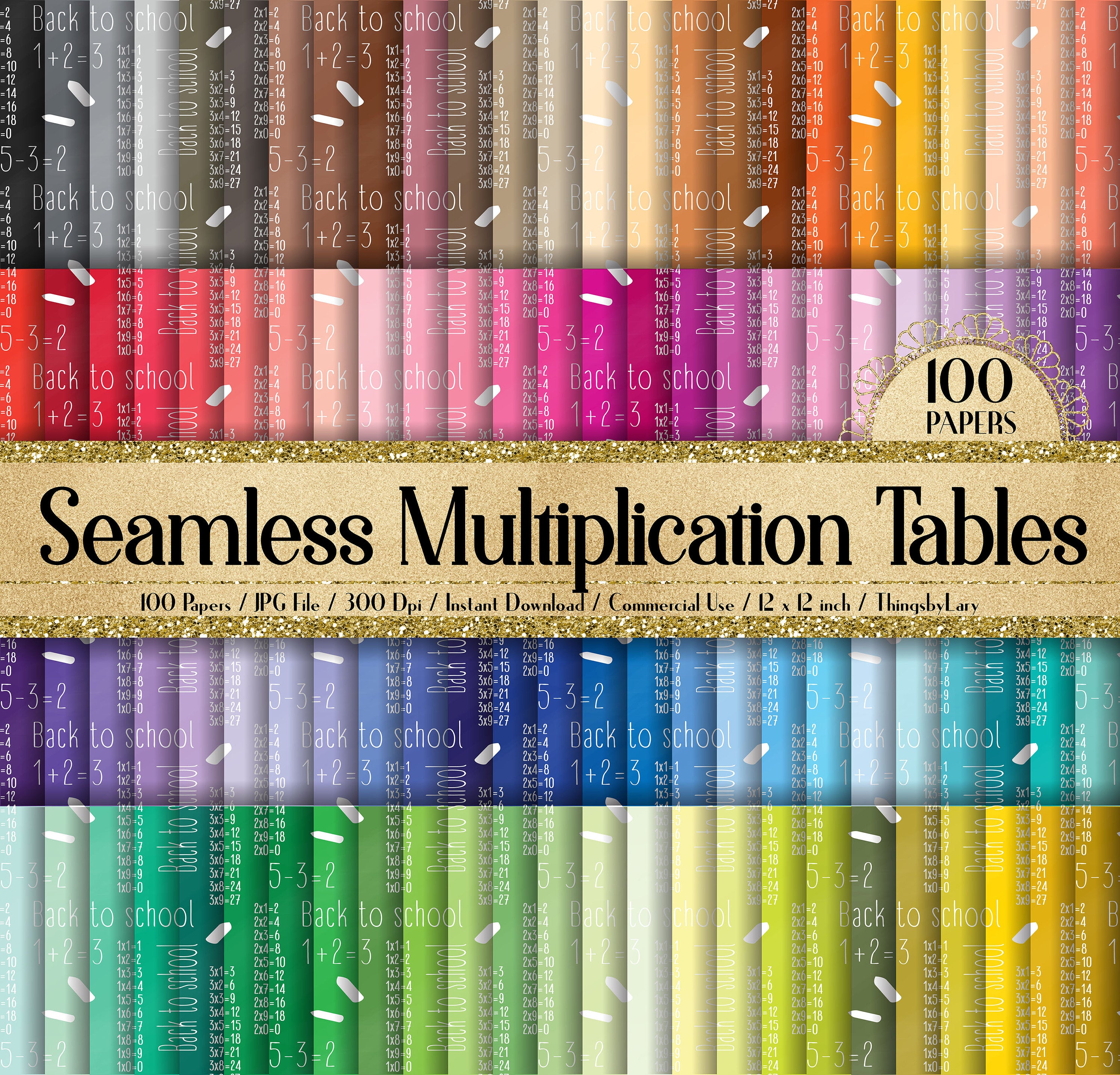 100 Seamless Multiplication Table Digital Papers 12x12&quot; 300 Dpi Instant Download Commercial Use Planner Paper Scrapbook Back To School Math