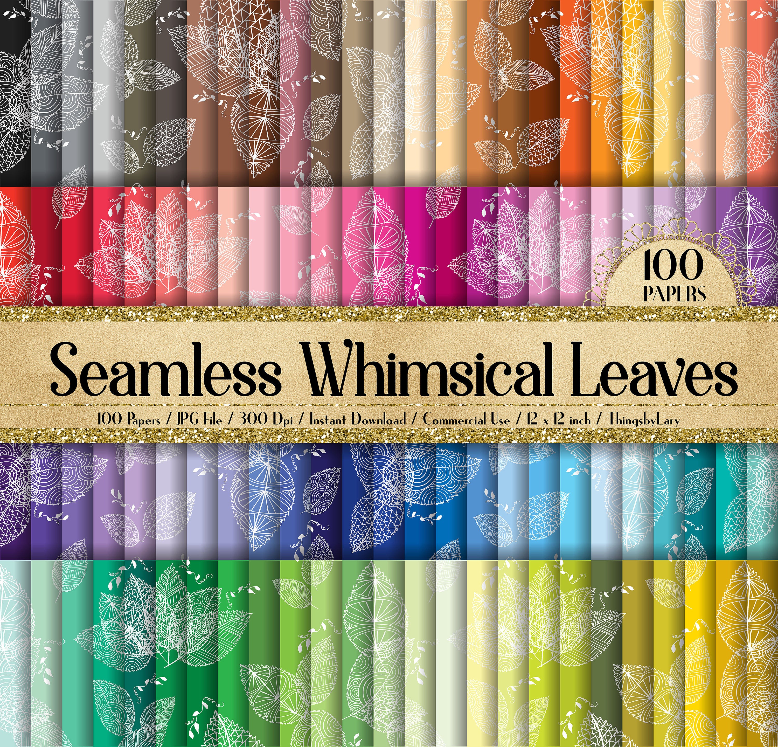 100 Seamless Whimsical Leaves Digital Papers 12x12&quot; 300 Dpi Instant Download Commercial Use Planner Paper Scrapbook Fall Wedding Floral Lace