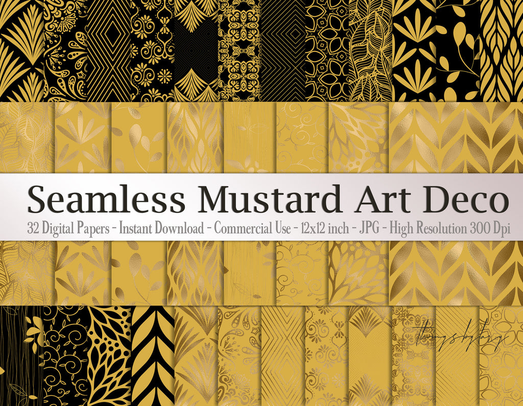 32 Seamless Black,Gold Foil,Mustard Art Deco Digital Papers 12x12&quot; 300 dpi commercial use instant download seamless Wedding Geometric Floral