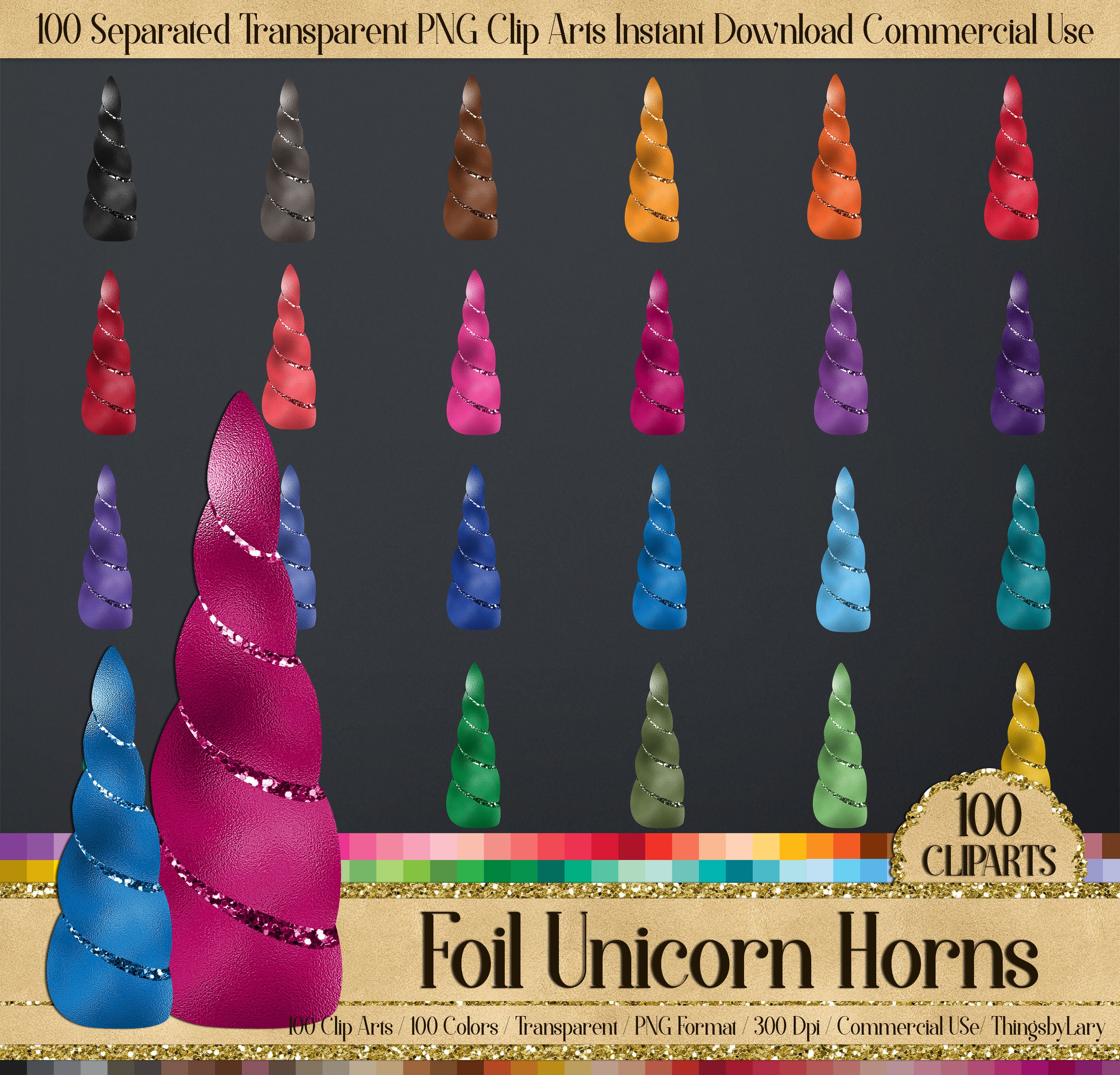 100 Foil Glitter Unicorn Horn Clip Arts 300 Dpi PNG Planner Clip art Glitter Celebration Baby Shower Kid Birthday Party Fairy Tale Fantasy