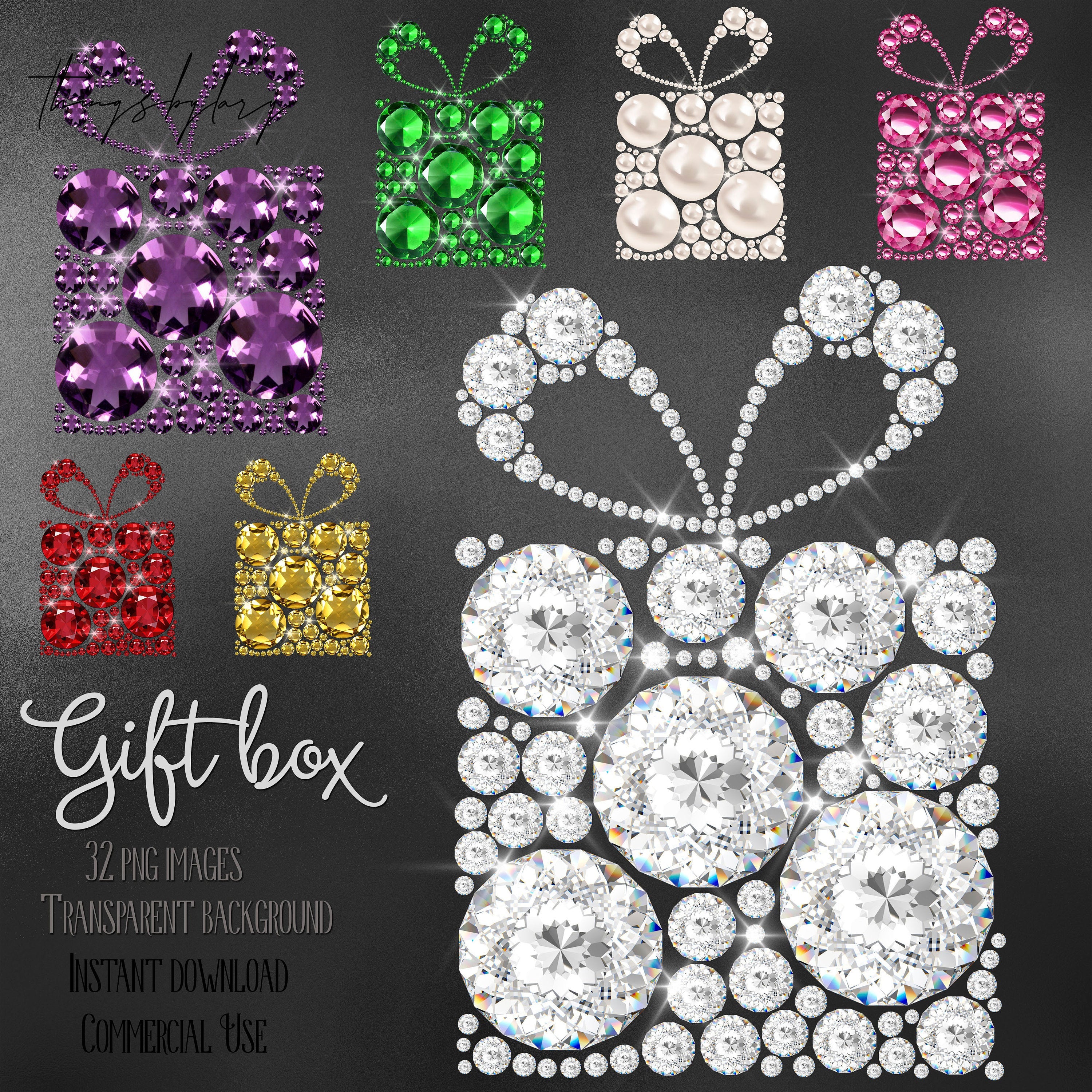 32 Diamond Pearl Gemstone Rhinestone Jewelry Gift Box Clip Arts Digital Images 300 Dpi PNG Instant Download Commercial Use Realistic Diamond