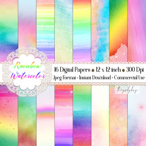 16 Rainbow Watercolor Digital Papers 12x12&quot; 300 dpi commercial use instant download Wedding Kid Fairy Tale Unicorn Magical Mermaid Colorful