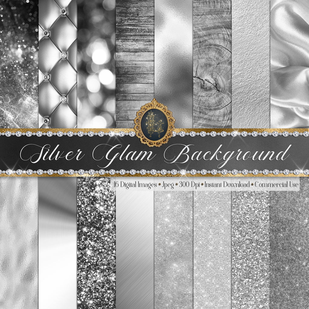 16 Luxury Silver Glam Digital Papers 12x12&quot; 300 dpi commercial use instant download Bokeh Glitter Foil Metallic Sequin Satin Silk Wood Print