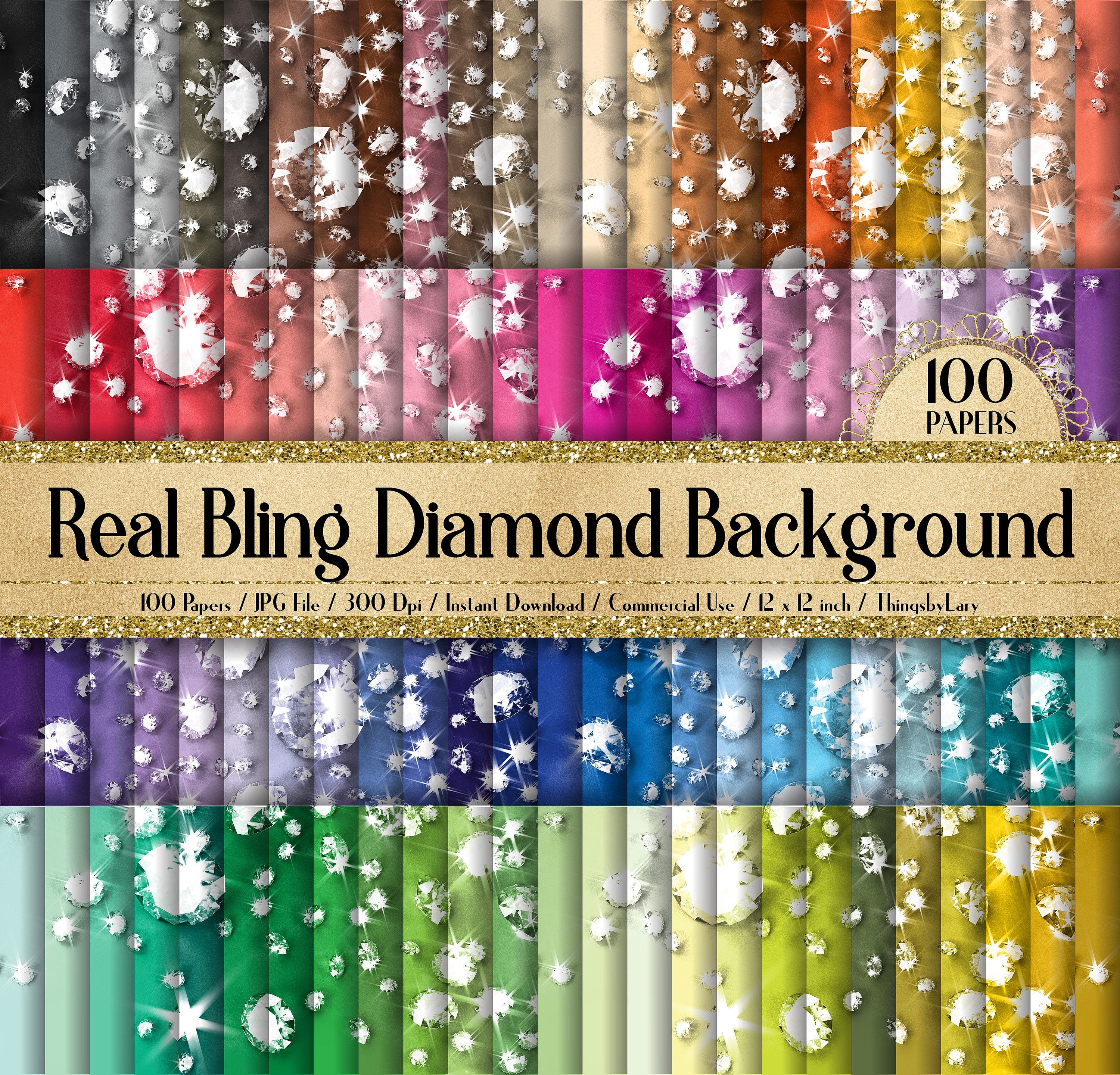 100 Bling Bling Real Diamond Background Digital Papers 12x12&quot; 300 Dpi Commercial Use Planner Paper Scrapbook Luxury Light Flare Wedding