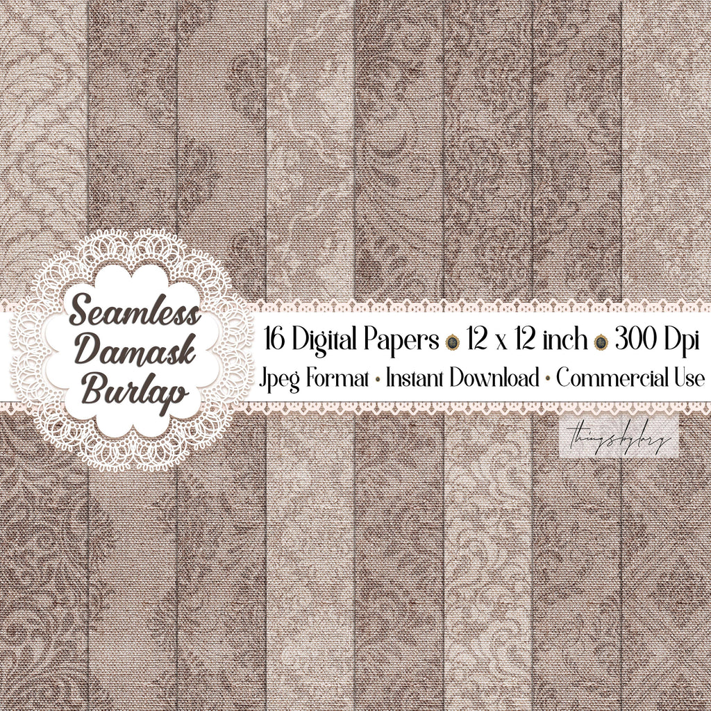 16 Seamless Vintage Damask Linen Burlap Digital Papers 12x12&quot; 300 Dpi Planner Instant Download Commercial Use Shabby Chic Linen Fabric Barn