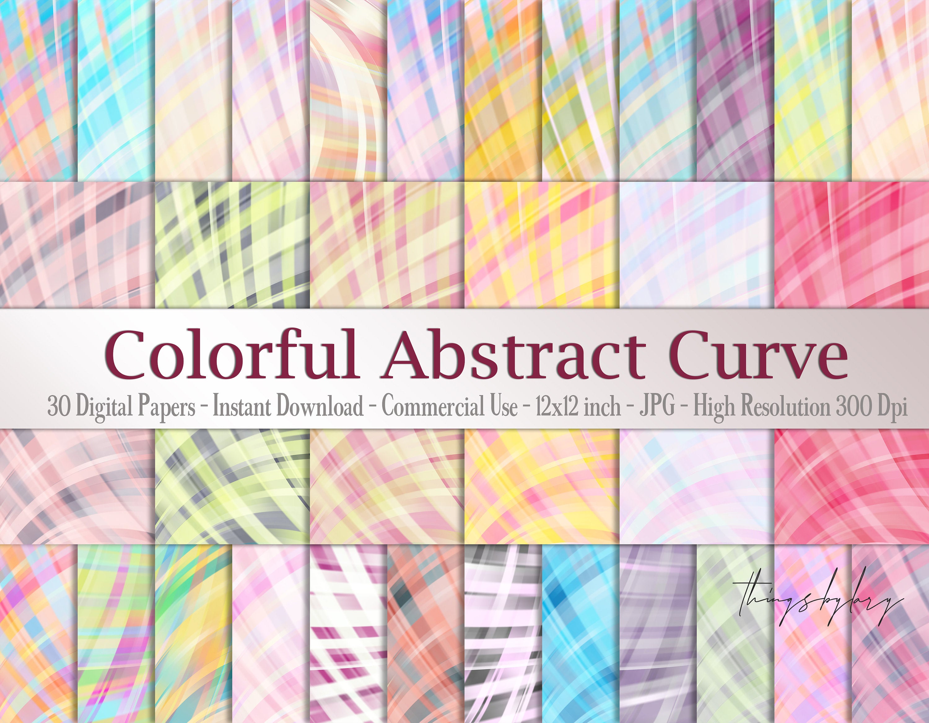 30 Colorful Abstract Curve Shape Digital Papers 12x12&quot; 300 Dpi Instant Download Colorful Rainbow Whimsical Scrapbook Paint Mistify Geometric