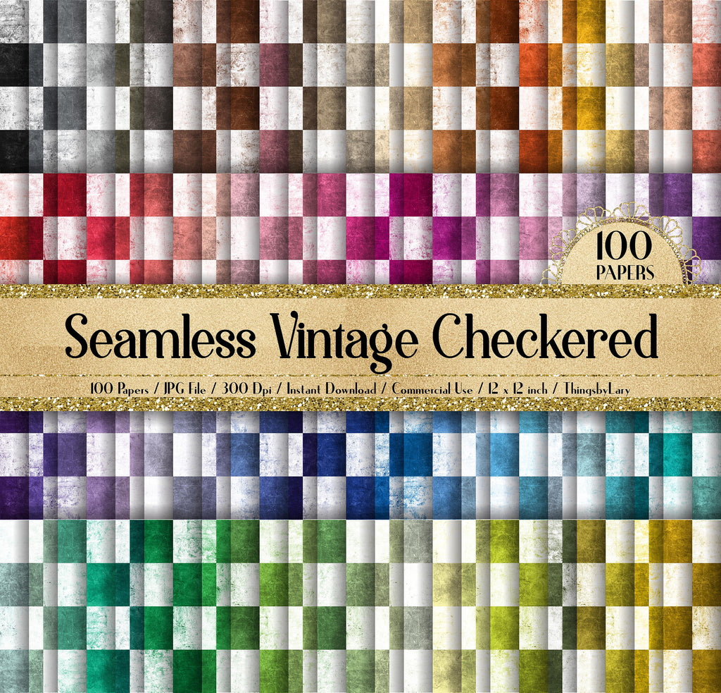 100 Seamless Vintage Checkered Chess Board Digital Papers 12&quot; 300 Dpi Commercial Use Instant Download Printable Old Paper Grunge Distressed