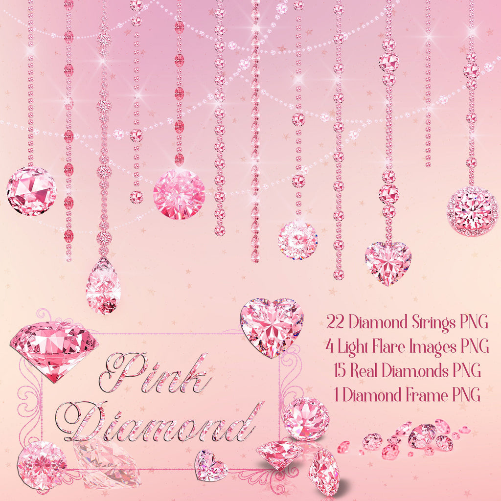 Pink Hanging Diamond String Set Digital Images PNG Transparent Instant download Commercial Use Planner Clip art Real Diamond Strand Party