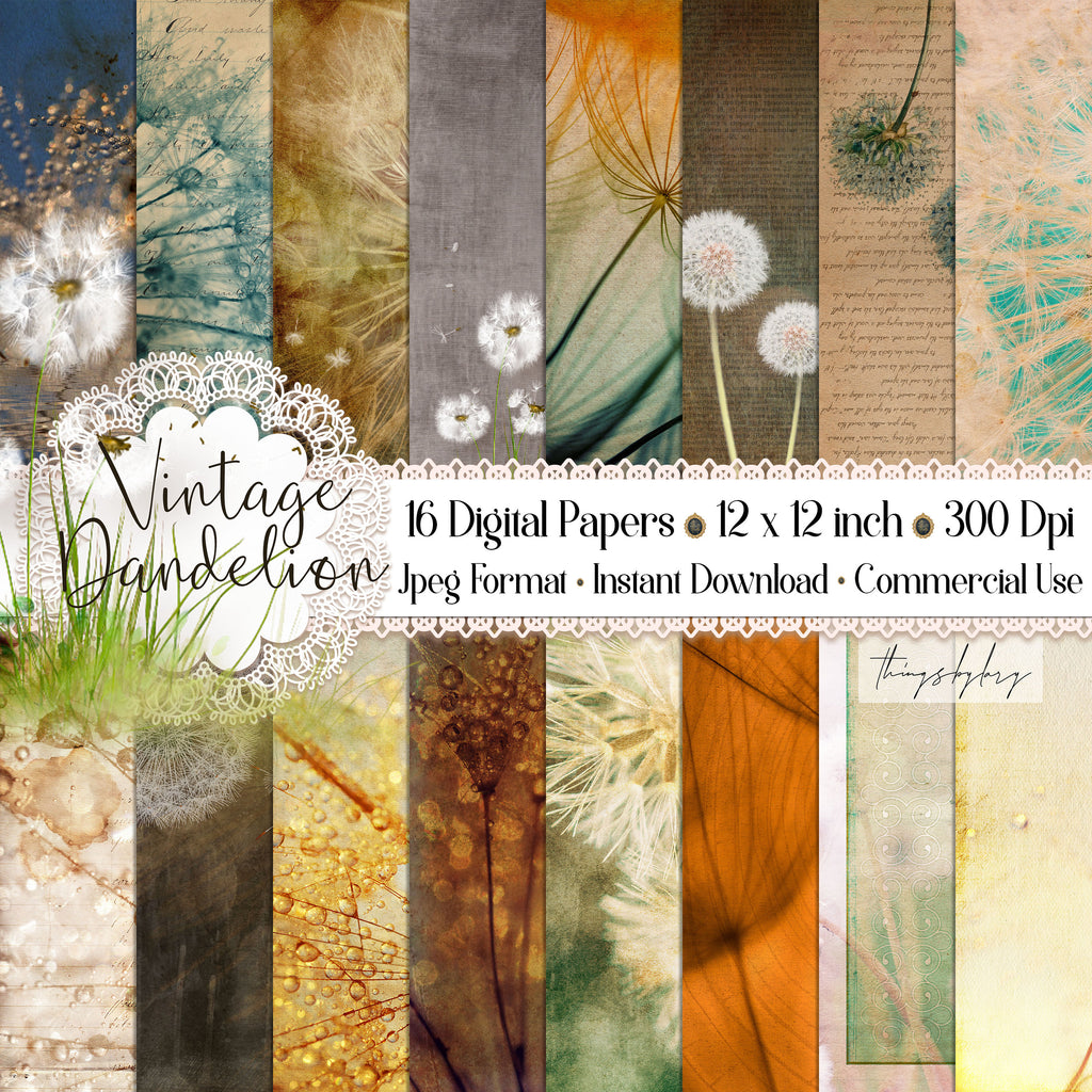 16 Antique Gorgeous Dandelion Seeds Digital Papers 12x12&quot; 300 dpi commercial use instant download peacock vintage ephemera Printable Journal