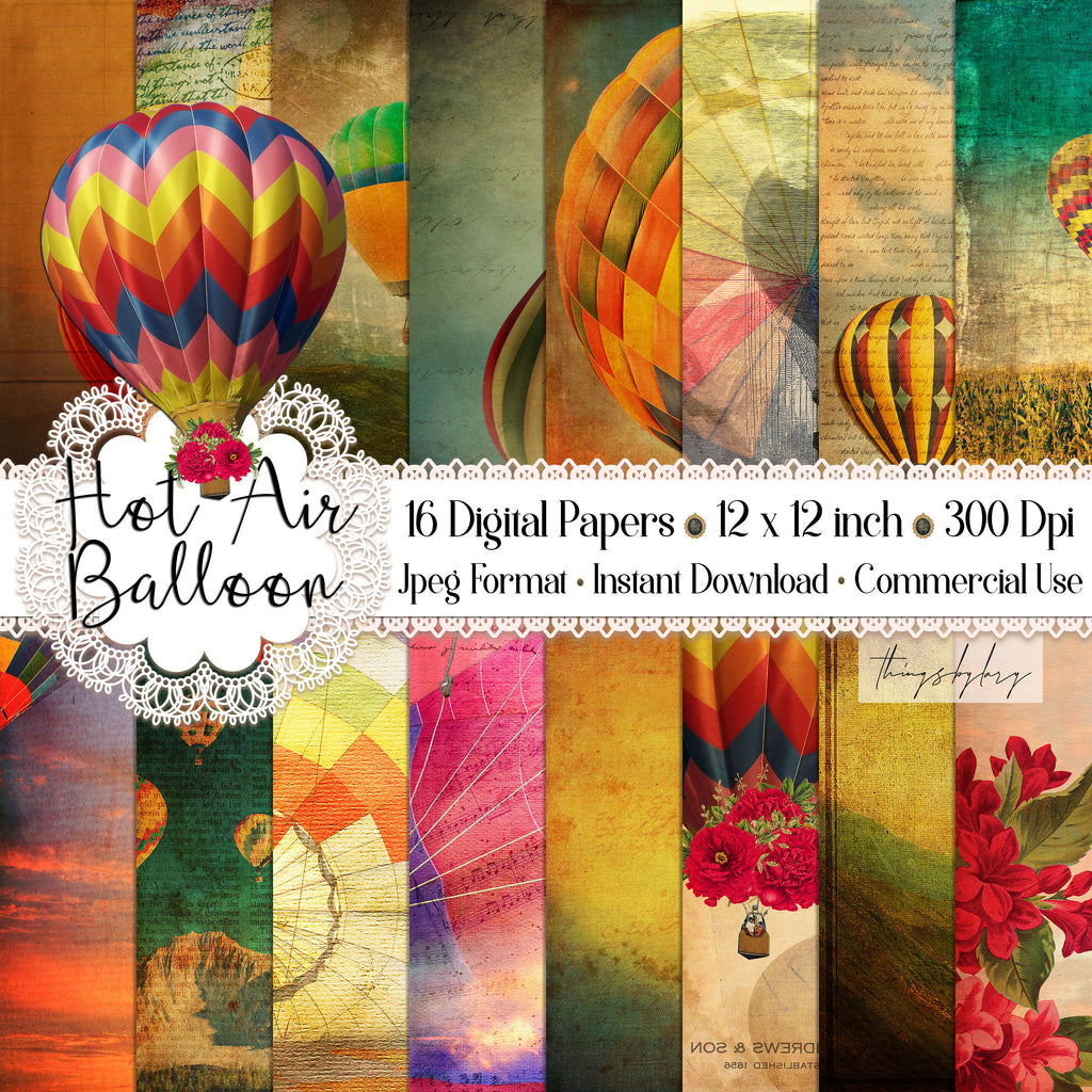 16 Antique Hot Air Balloons Digital Papers 12x12&quot; 300 dpi commercial use instant download peacock vintage ephemera Printable travel Journal