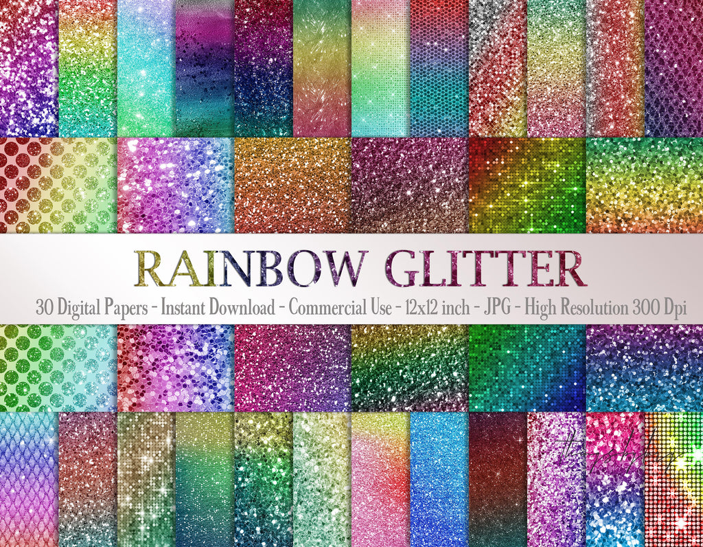 30 Rainbow Shimmering Glitter Digital Papers 12x12&quot; 300 Dpi Instant Download Commercial Use Scrapbook Colorful Festival Sequin Unicorn Fairy
