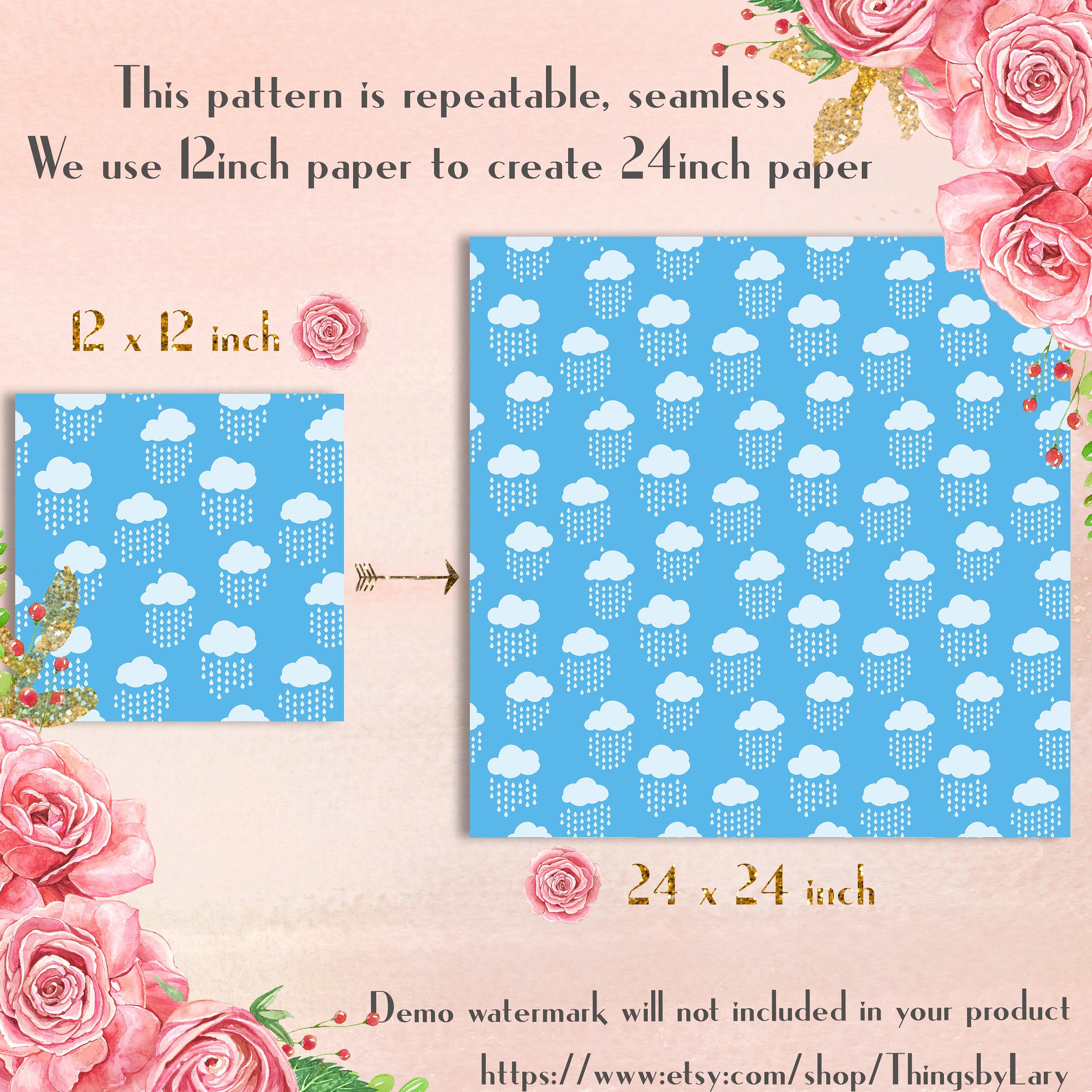 100 Seamless Tinted Cute Raining Cloud Digital Papers 12x12&quot; 300 Dpi Commercial Use Instant Download Kid Scrapbook Party Kit Baby Shower Sky