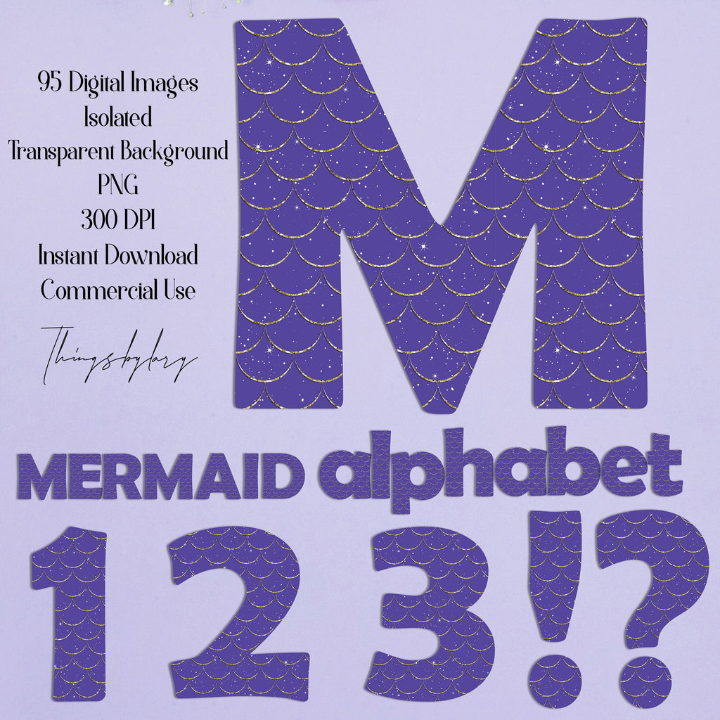 95 Purple Mermaid Scale and Gold Glitter Alphabet Number Symbol Clip Arts (NOT FONT) 300 Dpi PNG Instant Download Commercial Use Fairy Tale