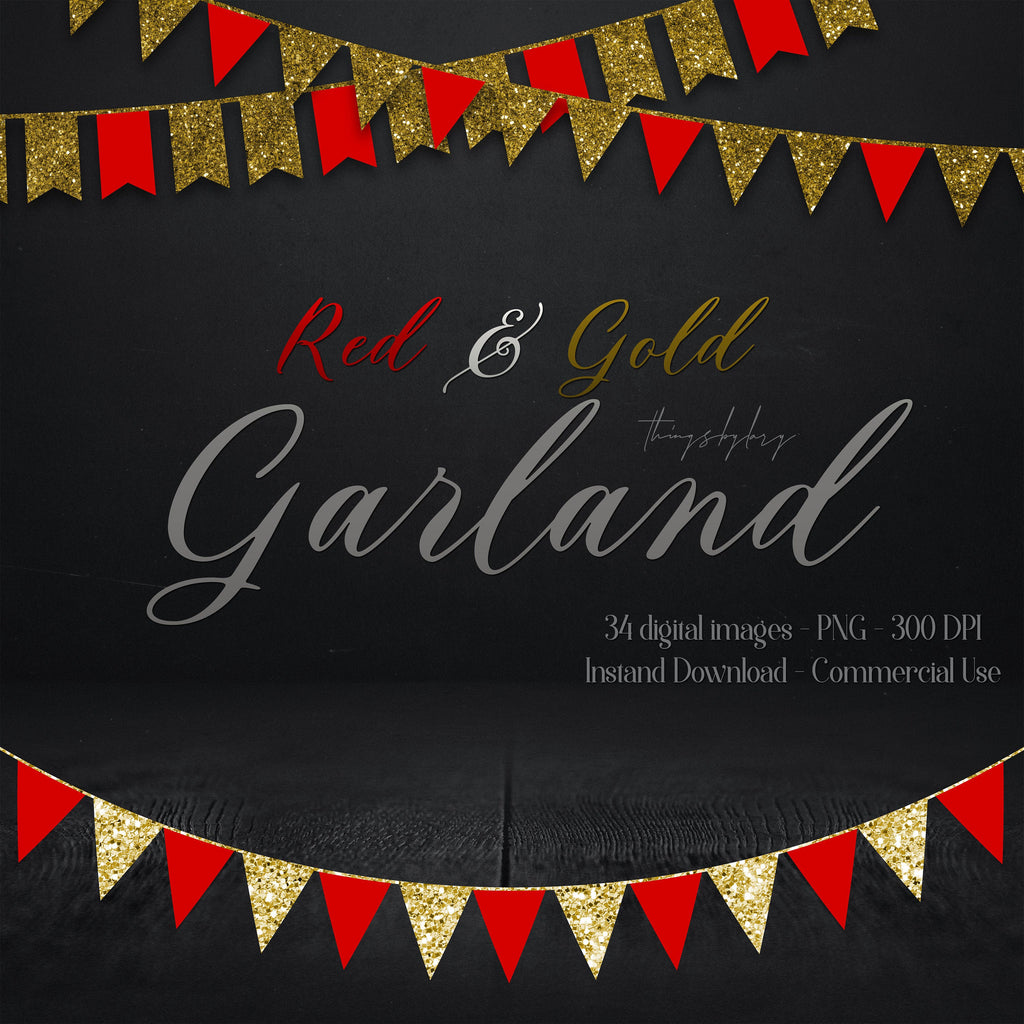 34 Red and Gold Glitter Party Garland Overlay Digital Images PNG 300 Dpi Instant Download Commercial Use Card Making Bunting Flags Party Kid