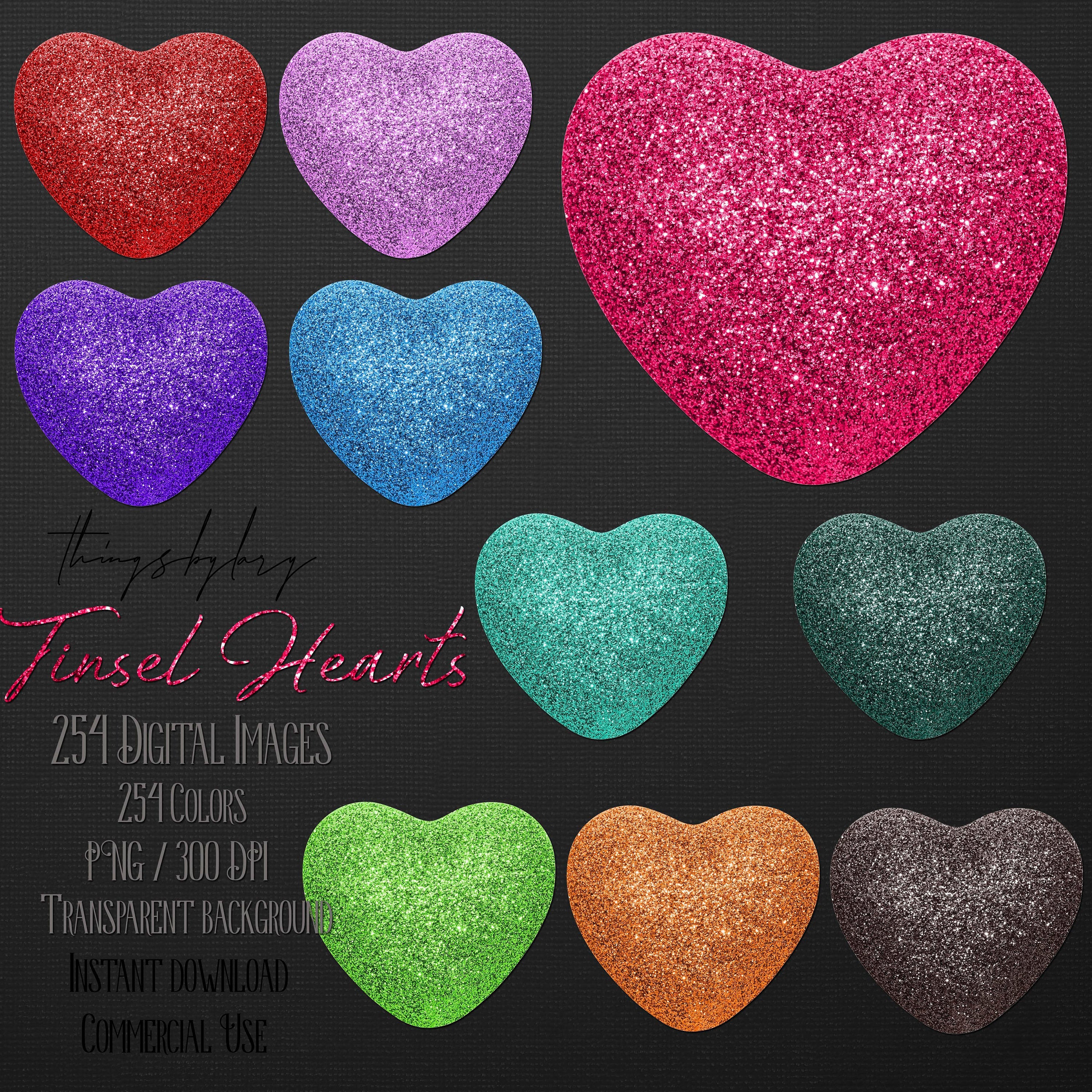 254 Real Tinsel Glitter Heart Digital Images PNG 300 Dpi Instant Download Commercial Use Bridal Shower Digital Clip Art Bling Sequin Heart