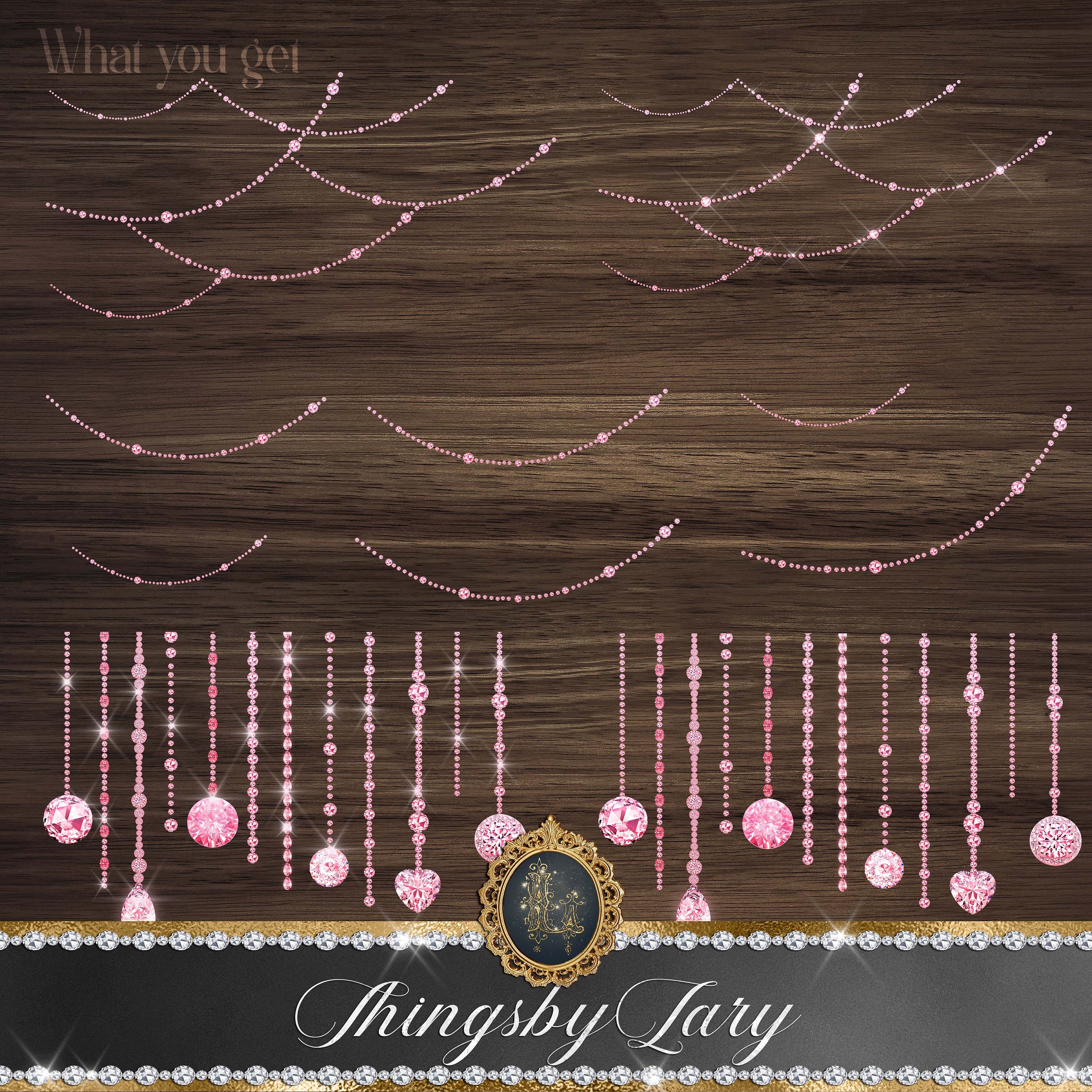 Pink Hanging Diamond String Set Digital Images PNG Transparent Instant download Commercial Use Planner Clip art Real Diamond Strand Party