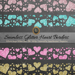 32 Seamless Tileable Glitter Heart Borders Overlay Images PNG 16 Colors Glitter Borders Confetti Clip art Digital Commercial Use Headers