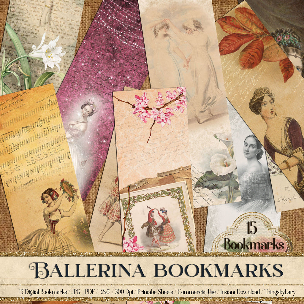 15 Vintage Ballerina Ephemera Bookmarks Printable sheet Digital Images 300 Dpi JPG Instant Download Commercial Use Antique Victorian Dancing